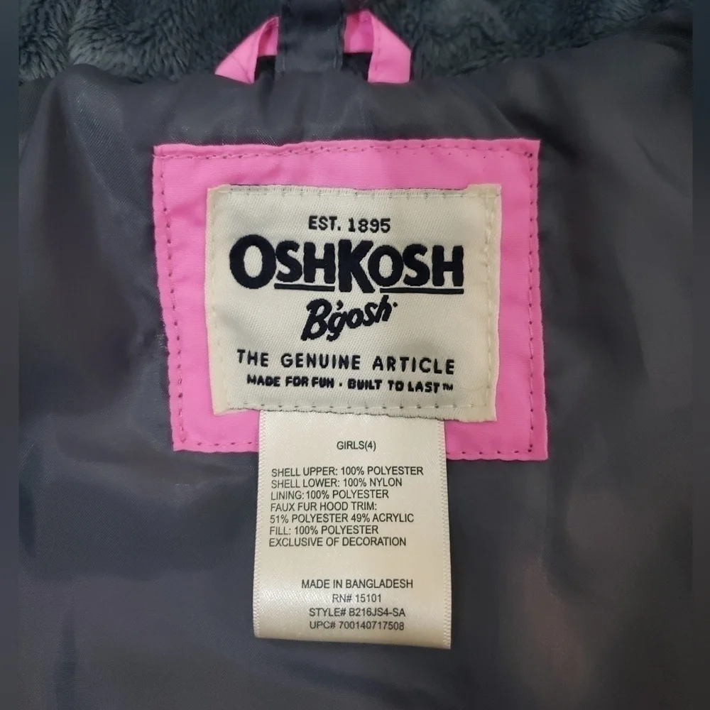 Osh Kosh B'gosh Girls Hooded Puffer Coat Size S(4) Pink Nylon Lining.